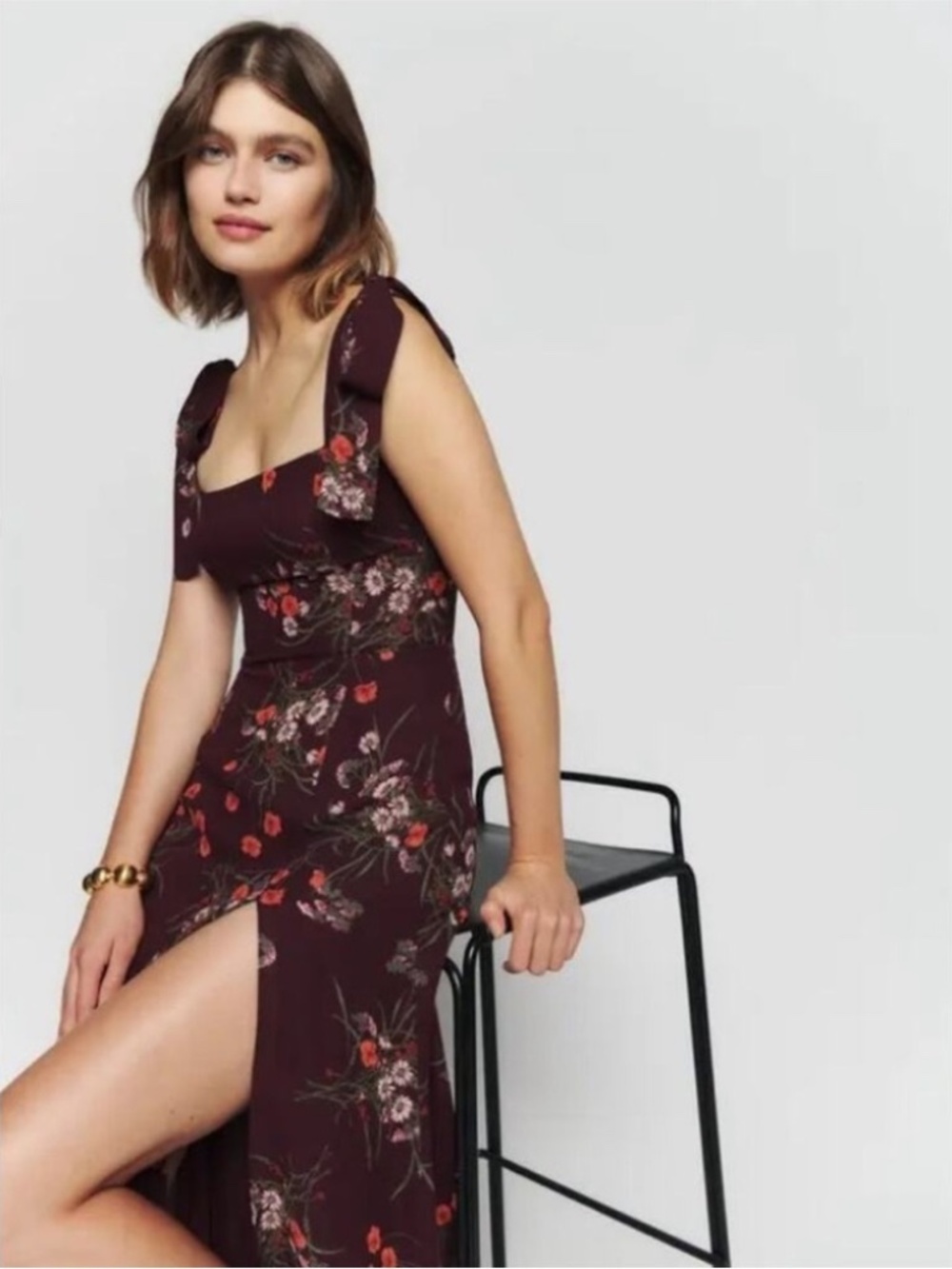 Floral Tie-Shoulder Midi Dress in Deep Burgundy
